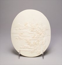 Oval Plaque with Landscape, Qing dynasty (1644–1911), 18th century, China, Porcelain, 19.0 × 16.5 ×