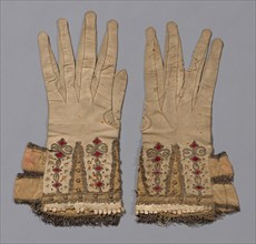 Pair of Gloves, 1601/50, England, Leather, cut, pricked and slashed, silk satin appliqué,