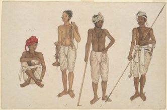 Four Recruits in White Dhotis, page from the Fraser Album, Company School, c. 1815/16, India,