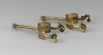 Pair of Rowel Spurs, c. 1500/25, German, Germany, East, Brass or bronze with gilding, L. 19.7 cm (7