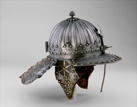 Zischägge (Helmet), 1620/30, Flemish, Flanders, Steel, brass, leather, and silk, H. 31.75 cm (12