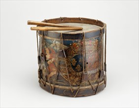 French Military Side Drum and Drumsticks, 1772, French, France, Wood, brass, iron, hide, cord, and