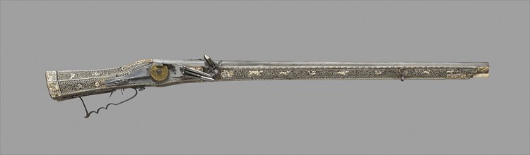 Wheellock Rifle, 1577, German, Germany, Steel, gilded brass, iron, wood, and horn, L. 119.3 cm (47