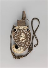 Powder Flask, c. 1620/30, German, Saxony, Germany, Walnut, mother-of-pearl, and iron, with gilding,