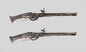 Pair of Wheellock Pistols, 1620/30, German, Rhineland, Walnut, gilt brass, and silver, L. 63.5 cm