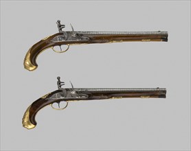 Pair of Flintlock Holster Pistols, c. 1720/30, Belgian, Liège, Liège, Steel, silver, brass, wood