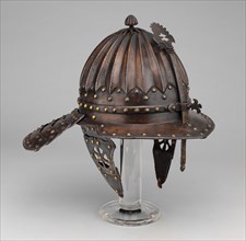 Zischägge, c. 1620/30, Flemish, Flanders, Steel with gilding, brass, and leather, H. 30.5 cm (12 in
