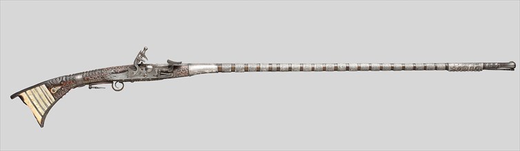 Snaphance Gun, 19th century, North African, Moroccan, Morocco, Wood, steel, silver, enamel, and