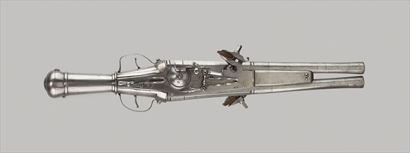 Double-Barrel Wheellock Pistol, c. 1570, German, Germany, Steel, copper alloy, leather, and wood, L