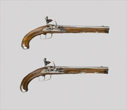Pair of Flintlock Pistols, c. 1720/30, French, France, Walnut, steel, and silver, Overall L.: 41.3
