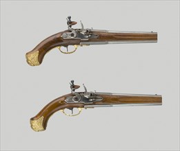 Pair of Double-Barrel Flintlock Pistols, c. 1730, German, Saxony, Saxony, Steel, gilt bronze, L. 38