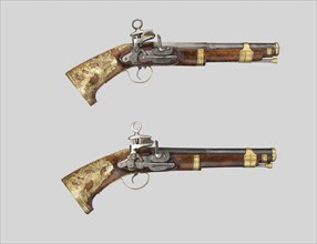 Pair of Miquelet Pistols, 1760/80, Spanish, Ripoll, Ripoll, steel, brass, walnut, and flint, L. 36