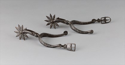 Pair of Spurs, early 17th century, North European, Europe, Iron and silver, L. 16.5 cm (6 1/2 in.),