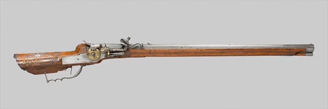 Wheellock Rifle, 1665, Hans Heller (Possibly), Locksmitih, German, Germany, Walnut, iron, brass,