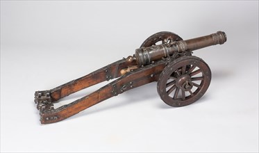 Model Field Cannon with Carriage and Wedge, 1682, Austrian, possibly Dutch, Austria, Bronze, wood,