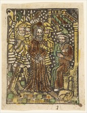 Christ before Annas, 1460–65, Bavarian, 15th century, Germany, Metalcut in black hand colored with