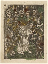 Christ Carrying the Cross, 1460–65, Bavarian, 15th century, Germany, Metalcut in black hand colored