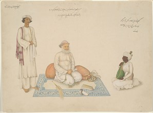 Shah Inayat Allah of Sind with his Musician Makkhu and his Attendant Shaykh Qiyam al-Din, page from