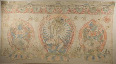 Tantric Temple Banner of a Dancing Goddess Flanked by Dakinis, 17th century, Nepal, Nepal, Pigment