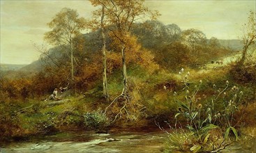 Autumn River Scene, The Brook, 1889, David Bates, English, 1840-1921, England, Oil on canvas, 30
