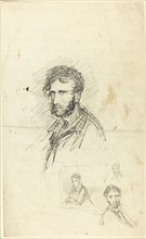 Self-Portrait with Three Sketches, n.d., George Cruikshank, English, 1792-1878, England, Graphite,