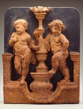 Two Putti Supporting a Torch, 1650/1700, Flemish, Netherlandish, Terracotta on slate, 35.2 × 27.9 ×