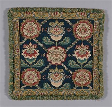 Cushion Cover, 1601, England, Linen, plain weave, embroidered with silk, linen, and wool yarns in