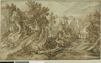 Village Scene with River and Wooden Bridge, 1595–1600, Peeter Stevens, II, Flemish, 1567-after