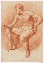 Study of a Male Nude, n.d., Adriaen van de Velde, Dutch, 1636-1672, Holland, Red chalk, over traces