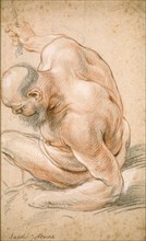 Nude Old Man Seated, Leaning on His Forearm, Facing Left, c. 1640, Jacob Jordaens, Flemish,