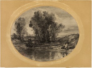 Figures by a Pond, 1855/60, Henri Joseph Constant Dutilleux, French, 1807-1865, France, Charcoal,