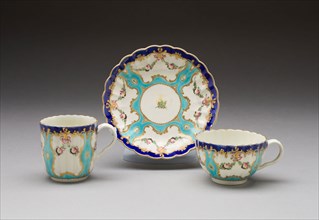 Teacup, Coffee Cup, and Saucer, c. 1775, Worcester Porcelain Factory, Worcester, England, founded