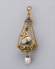 Pendant with an Armed Centaur, 19th century, European, Europe, Gold, pearl, and enamel, 9.2 × 3.2