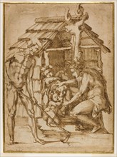 First Family Before a Shelter, 1547/48, Baccio Bandinelli, Italian, 1493-1560, Italy, Pen and brown