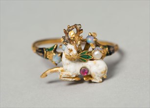 Stag with Herb Branch Mounted as a Ring, 1550/1600, German or French, Germany, Gold, enamel, ruby,