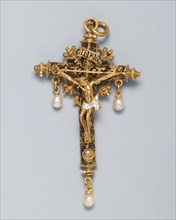Double-Sided Crucifix Pendant, 15575/1600, Spanish, Spain, Gold, enamel, and pearls, 10.1 × 5.4 cm
