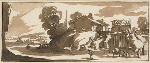 A Farm, c. 1630, Jacques Callot, French, 1592-1635, France, Brush and brown wash with black chalk