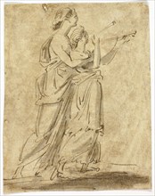 Two Classical Female Figures, n.d., Unknown Artist, French, 19th century, France, Pen and brown
