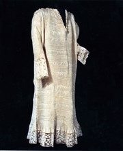 Alb (Tunic), 1675/1700, Italy, Linen, plain weave, pleated, cuffs, flounce, and neck of linen,