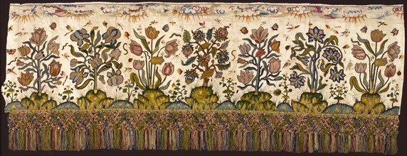 Valance, 1620/60s, England, Silk, warp-float faced 7:1 satin weave, appliquéd with hemp and linen,