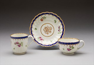 Teacup, Coffee Cup, and Saucer, 1775/80, Worcester Porcelain Factory, Worcester, England, founded