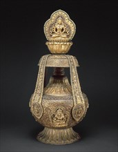 Vase of Longevity (kalasha) with Buddha Amitabha, 17th century, Nepal, Nepal, Gilded copper inlaid