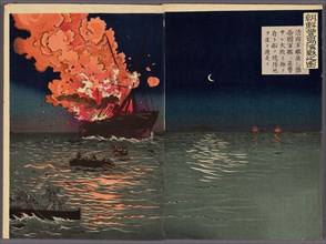 The Naval Battle of Pungdo in Korea (Chosen Hoto kaisen no zu), 1894, Kobayashi Kiyochika,