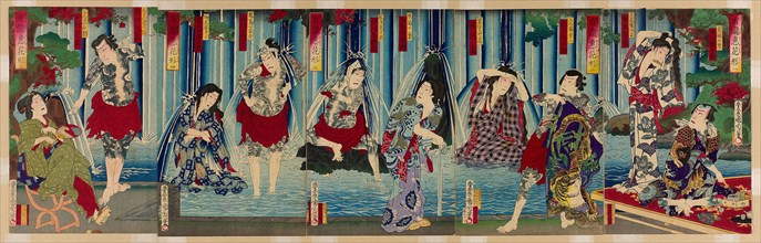 Kabuki Stars Before a Gracious Waterfall (Arigataki megumi no hanagata), 1883, Toyohara Kunichika,