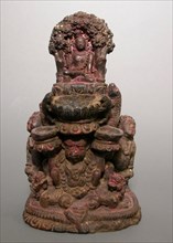 Lamp with Deified Figure Upheld by Garuda, 15th century or earlier, Nepal, Nepal, Terracotta with