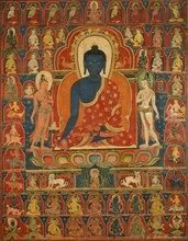 Painted Banner (Thangka) with the Medicine Buddha (Bhaishajyaguru), 14th century, Tibet, Central