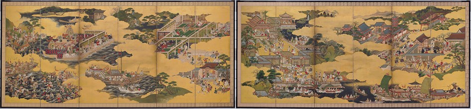 The Tale of Taishokan, 1640/80, Japanese, Japan, Pair of six-panel screens, ink, colors, and gold