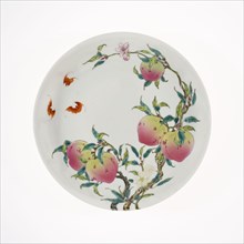 Dish with Fruiting Peaches, Tree Peony, Flowering Plum, and Bats, Qing dynasty (1644–1911),