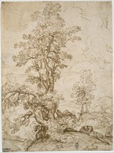 Landscape with Man Sleeping beneath Tree (recto), Landscape with a Horseman (verso), 1595, Annibale