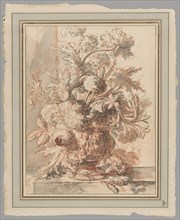 Flowers in an Urn Decorated with Putti, on a Plinth, early 18th century, Jan van Huysum, Dutch,